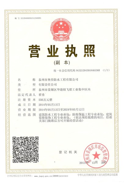 泰州奥佳工程公司营业执照